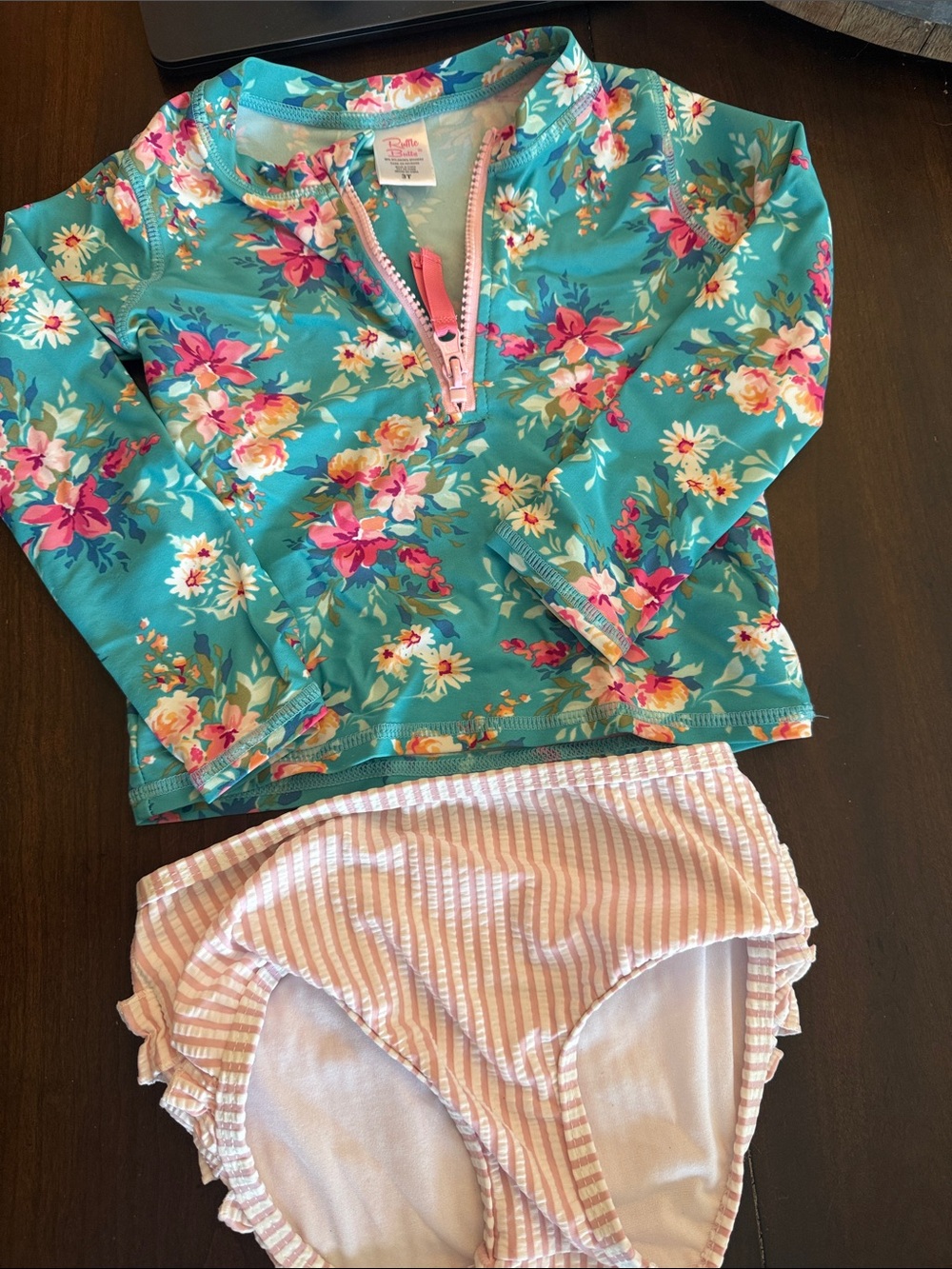 Ruffle Butts Teal Floral Rash Guard with Pink Stripe Bottoms
